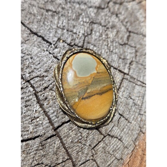 Large Picture Jasper Brooch Pendant Gold Tone Polished Oval Cabochon Brutalist - Picture 3 of 10